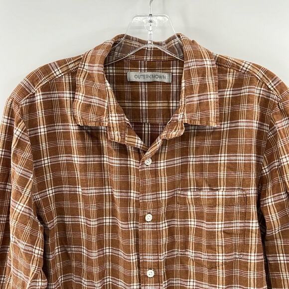 Outerknown Men's Long Sleeve Button Down Shirt - Tan Plaid - Medium - Picture 1 of 6